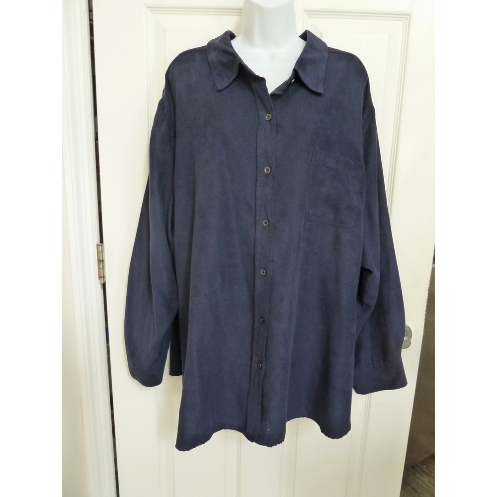 *WOMAN WITHIN Plus Sz 3X Suede-Like Button Up Blouse Shirt Navy Blue Satin Lined